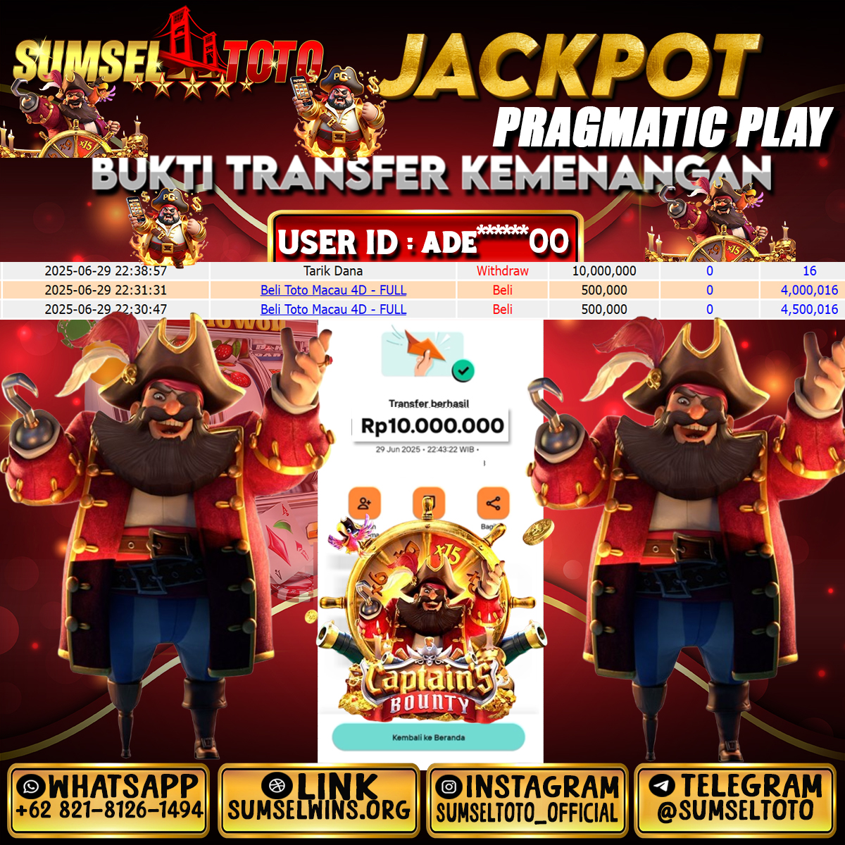 SUMSELTOTO JACKPOT CAPTAIN BOUNTY Rp.10,000.000.,- LUNAS